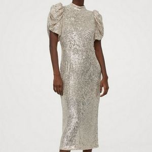 H&M Puff Sleeve Silver Sequin Dress M